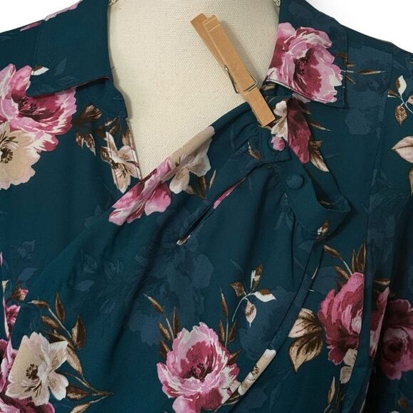 Torrid Harper Teal Floral Long Sleeve Tie Back Blouse Sz OX 1X XXL - Picture 6 of 12